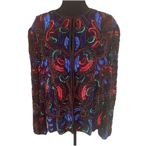 VTG  SCALA 100% Silk Evening Jacket Sz 1X Beaded Sequin Multicolor Paisley Glam